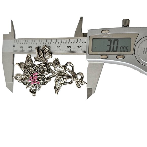 1928 Brand Silver Tone Pink Rhinestone, Marcasite Flower Trembler Brooch L268 - Picture 10 of 11